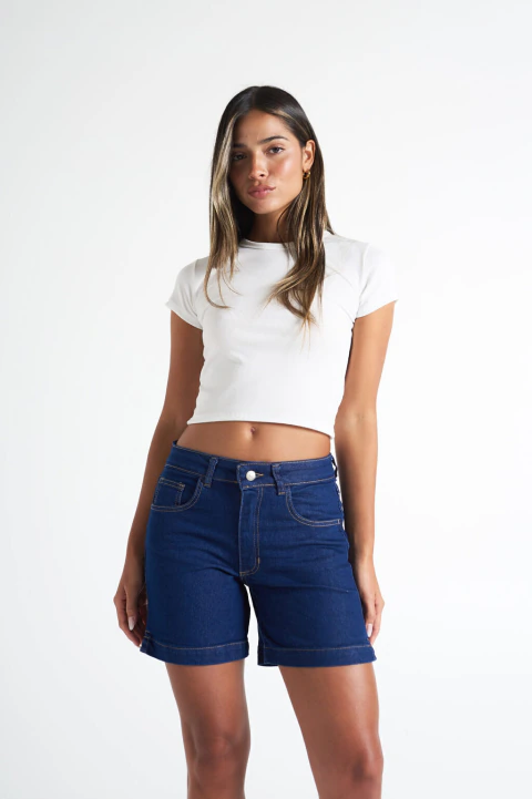 11901 | SHORT LARGO ALFORZA AZUL TIRO MEDIO ALTO DENIM ELASTIZADO ECOLE