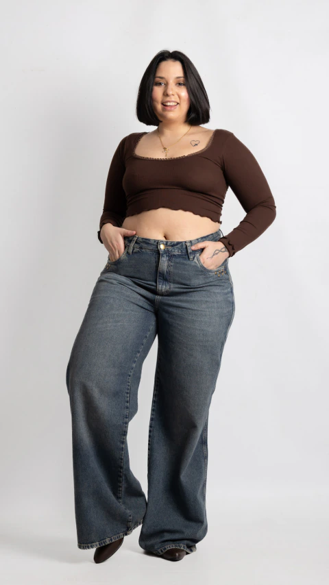 1014 | WIDE LEG OXIDO C / TACHAS RIGIDA TIRO ALTO ANDAR JEANS