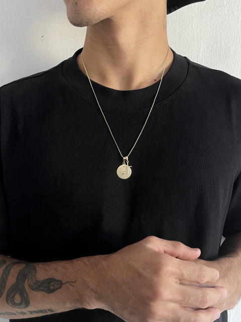Kit Medalha e Cruz - Corrente Veneziana Banhada a Ouro18K + Pingente Medalha Pai Nosso E Pingente Cruz Lisa Banhados a Ouro18K