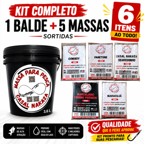 Kit Pesca Casal Nakaza 5 Massas 500g Sortidas + Balde 3,6L Com Tampa
