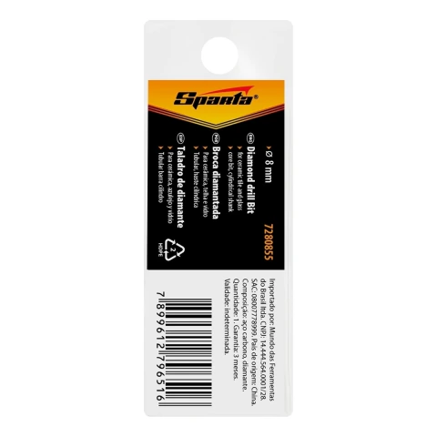 Broca Diamantada Para Cerâmica E Vidro 8 Mm Haste Cilíndrica 1 Peça Sparta