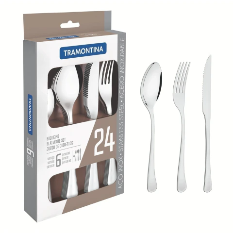 Faqueiro Aço Inox 24 Peças Linha Havana Com Faca Para Churrasco Brilho Espelhado