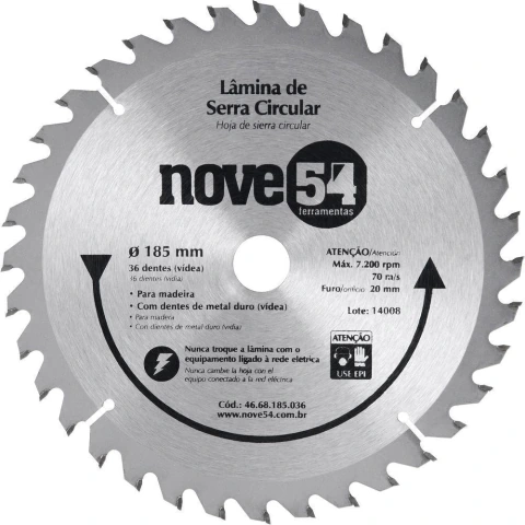 Lamina Serra Circular Vídea 185x20x2,2mm 36 Dentes 7200 Rpm