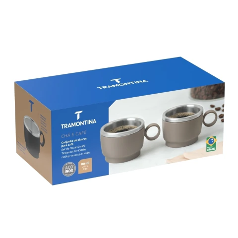 Conjunto 2 Xícaras Café Tramontina 80ml Aço Inox ABS Cinza Empilhável Alça Redonda