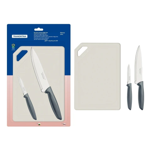 Kit Facas Tramontina Plenus 3 Peças Aço Inox Cinza Com Tábua Proteção Antimicrobiana Cozinha