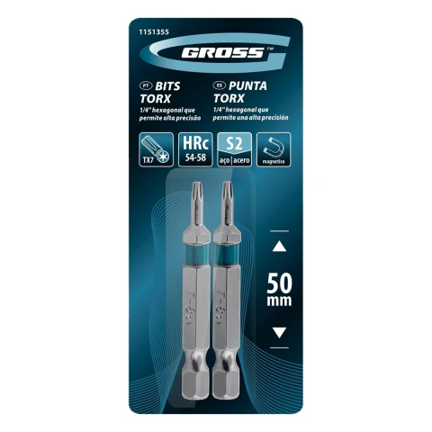 Bit Torx T7 50 Mm Aço S2 2 Peças Magnético Gross Parafusadeira