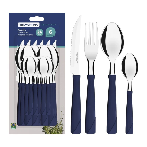 Faqueiro Tramontina New Kolor 24 Peças Aço Inox Cabos Polipropileno Azul Jogo Completo Resistente