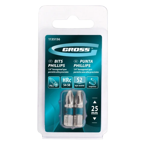 Kit 2 Bits Phillips Ph2 25 mm Aço Cromo Molibdênio S2 Magnético Gross