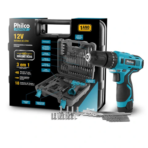 Parafusadeira Furadeira 3/8 Philco Force PPF03MF 12V Sem Fio a Bateria com Maleta e Acessórios