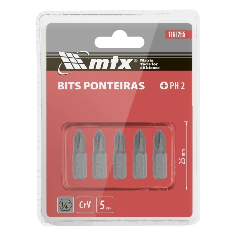 Kit 5 Bits Phillips PH2 25 mm Aço Cromo Vanádio 1/4 Mtx
