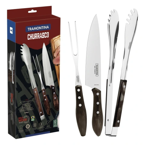Jogo Para Churrasco Tramontina 3 Peças Aço Inox E Madeira Polywood Castanho Faca Garfo Pegador