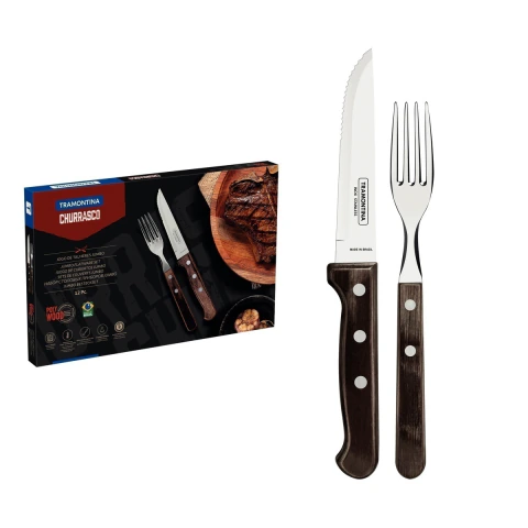 Jogo De Talheres Jumbo Churrasco Tramontina 12 Peças Aço Inox E Madeira Polywood Castanho Premium