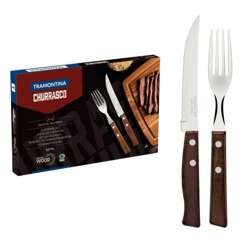 Jogo De Talheres Para Churrasco Tramontina 12 Peças Aço Inox E Madeira Natural
