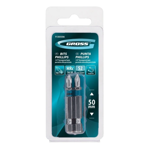 Kit 2 Bits Phillips Ph1 50 mm Aço S2 Cromo Molibdênio Haste 1/4 Gross