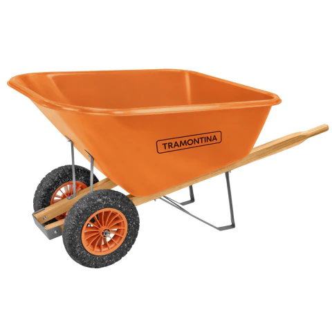 Carrinho de Mão Tramontina Caçamba Plástica Extrafunda 200L Braço Madeira Rodas Maciças Laranja