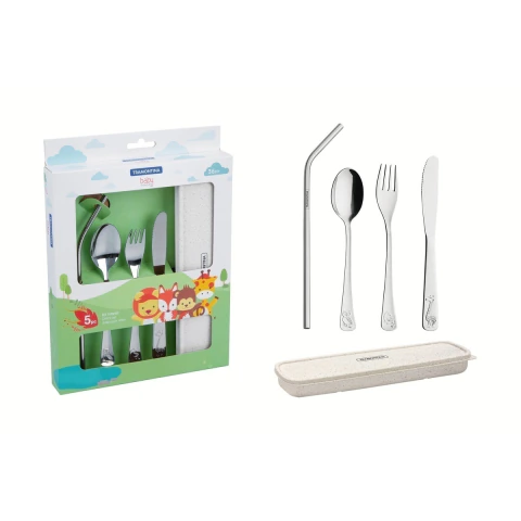 Conjunto Talheres Infantis 05 Peças 36 Meses Aço Inox Com Estojo Ecológico Livre BPA Tramontina Baby Friends