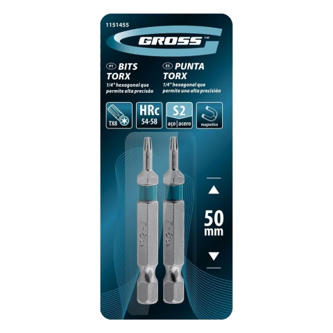 Bit Torx T8 50 mm Aço S2 58 HRC 2 Peças Gross Parafusadeira Magnético