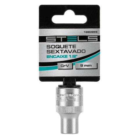 Soquete Sextavado 9 mm Encaixe 1/2 Polegadas Cromo Vanádio com Clip Stels