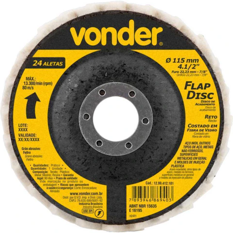 Flap Disc 4.1/2'' 115mm 22.23mm 13300rpm 80ms Fibra de Vidro Feltro Reto Nove54