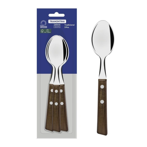 Conjunto 3 Colheres De Mesa Tramontina Tradicional Aço Inox E Madeira Natural Com Certificação FSC