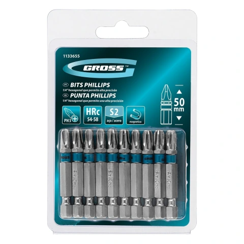 Bits Phillips Ph3 Aço Rápido 50mm 10un 54-58 HRC Haste 1/4'