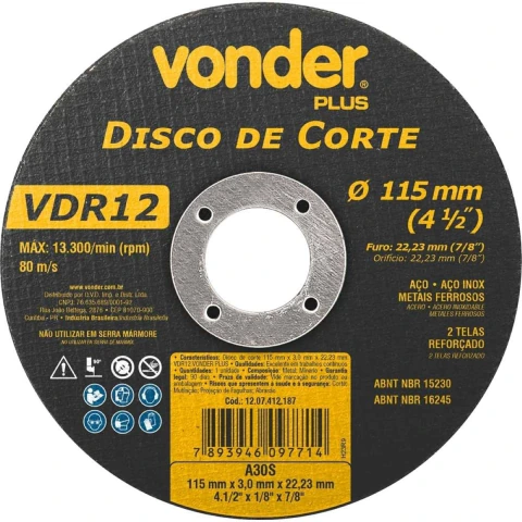 Disco De Corte 114,3x3,0x22,22 2 Telas Para Aço Carbono Vdr1