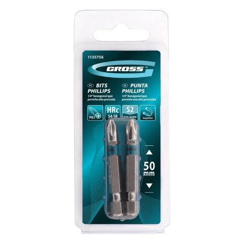 Kit 2 Bits Phillips Ph2 50 mm Aço S2 Cromo Molibdênio Magnetizado Gross