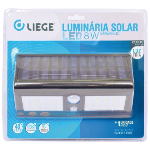 Luminária LED Solar Parede 8W 300Lm IP65 6500K 2400mAh Liege