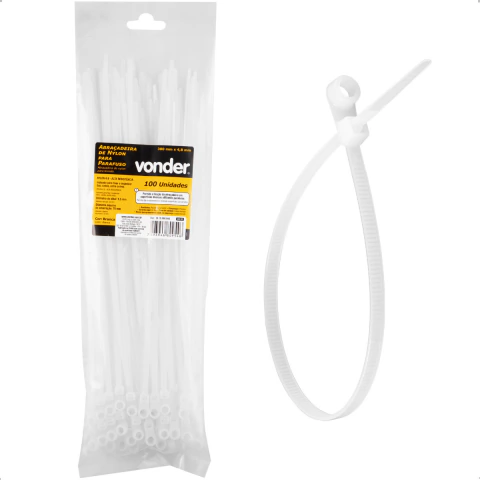 Abraçadeira Nylon Parafusos 300 x 4,8 mm Branca com 100 Peças Vonder