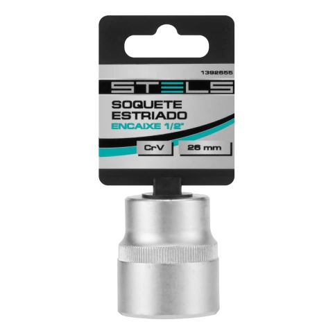 Soquete Estriado 26 mm Encaixe 1/2 Polegada Cromo Vanádio Com Clip Stels
