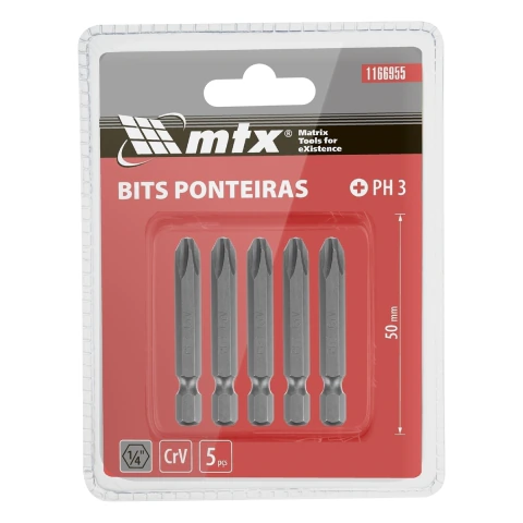 Kit 5 Bits Phillips Ph3 50 Mm Aço Cromo Vanádio Haste Hexagonal Mtx