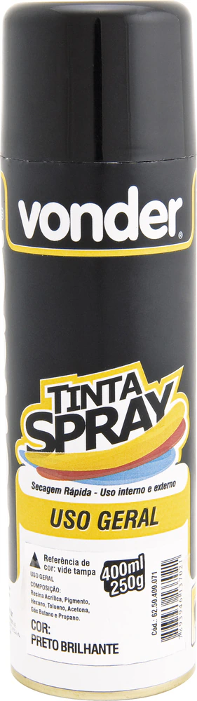 Tinta spray preto brilhante 400ml/250g - Vonder