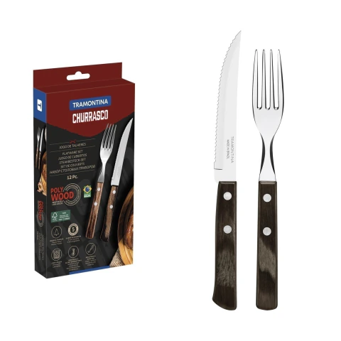 Jogo De Talheres Para Churrasco Tramontina 12 Peças Aço Inox Cabo Castanho Polywood