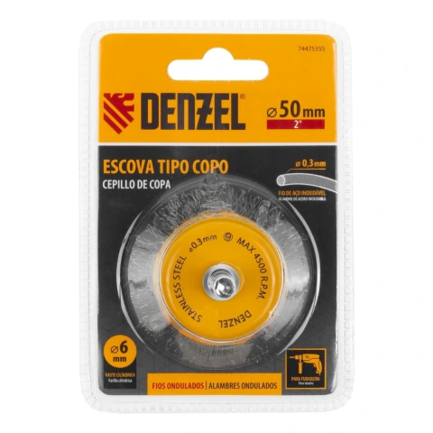 Escova Tipo Copo 50mm Haste 1/4'' 6mm Cerdas 0,3mm Denzel