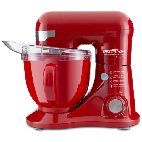 Batedeira Planetária BBP760 Turbo Power Plus 700W Britânia 4,5L Vermelha Com 4 Batedores 220V