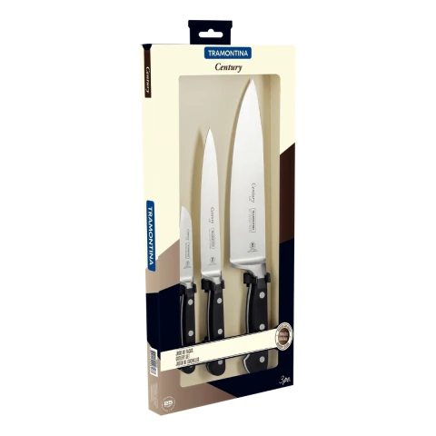 Jogo De Facas Tramontina Century 3 Peças Aço Inox Com Suporte De Madeira Profissional Alta Dureza