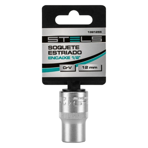 Soquete Estriado 12 mm Encaixe 1/2 Polegada Aço Cromo-Vanádio com Clips Plástico Stels