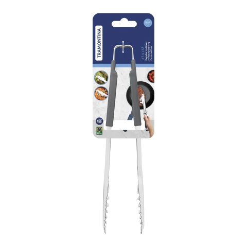 Pegador Tramontina Utilità Aço Inox Cabo Emborrachado Cinza 28 Cm Utensílio De Cozinha Premium