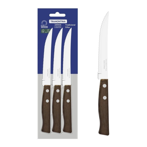 Conjunto 3 Facas Tramontina Tradicional Aço Inox E Madeira Churrasco E Frutas Lâmina Serrilhada