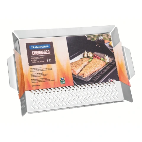 Grelha Para Peixe Tramontina Cosmos Aço Inox 48 x 32 cm Churrasqueira Alta Durabilidade Profissional