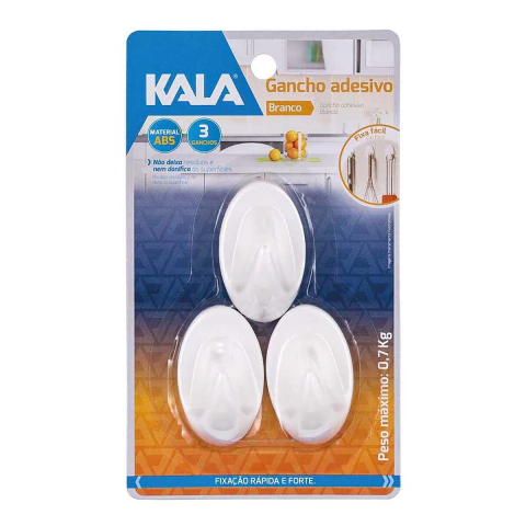 Gancho Adesivo Abs 0,7Kg 3 Peças Branco Fixação Segura Sem Danos Kala