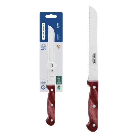 Faca Para Pão Tramontina Polywood 7 Polegadas Aço Inox Cabo Madeira Tratada Vermelho Lâmina Serrilhada