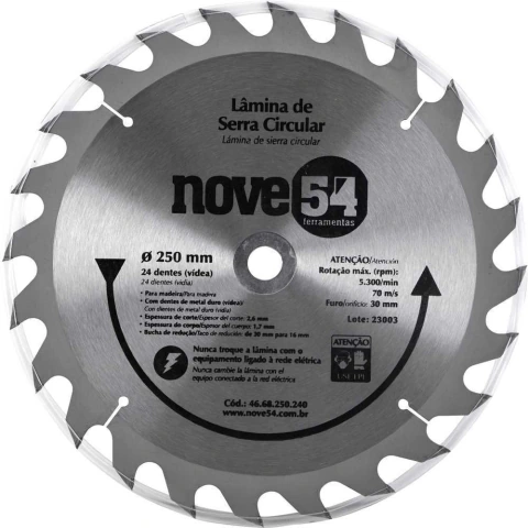 Lâmina de serra circular vídea 250mm 24 dentes Nove54