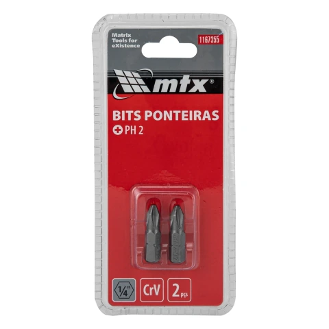 Kit 2 Bits Phillips Ph2 Aço Cromo Vanádio 25 mm 1/4 Polegada Mtx Alta Performance