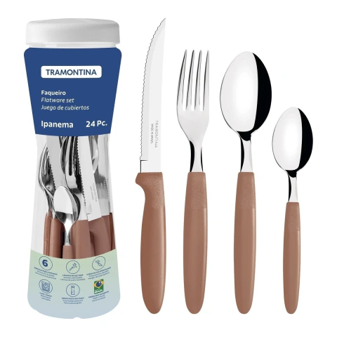 Faqueiro Tramontina Ipanema 24 Peças Aço Inox Cabo Polipropileno Capuccino Com Pote Organizador