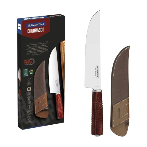 Faca Para Carne Tramontina Polywood 8 Polegadas Aço Inox Cabo Vermelho Com Bainha De Couro
