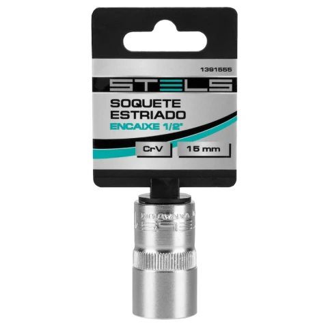 Soquete Estriado 15 Mm Encaixe 1/2 Polegada Cromo Vanádio Com Clipe Stels