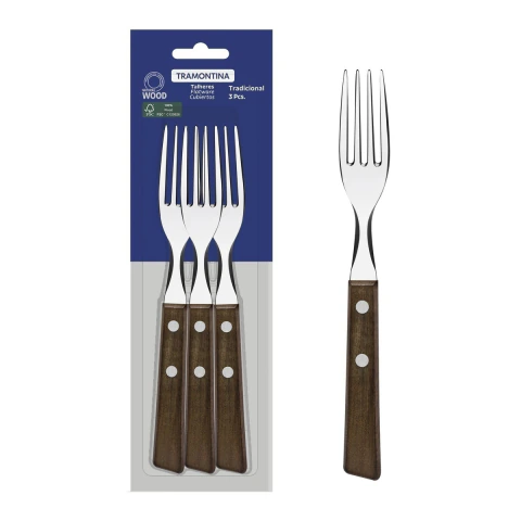 Conjunto 03 Garfos De Mesa Tramontina Tradicional Aço Inox E Madeira Natural Com Rebites Alumínio