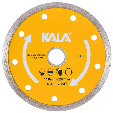 Disco Diamantado Liso 4.3/8'' 15000Rpm Para Porcelanato E Azulejo Bucha 16Mm Kala