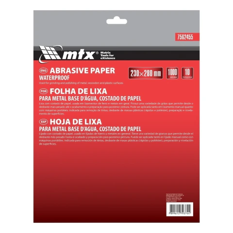 Folha de Lixa para Metal Grão 1000 230x280mm 10 Peças MTX